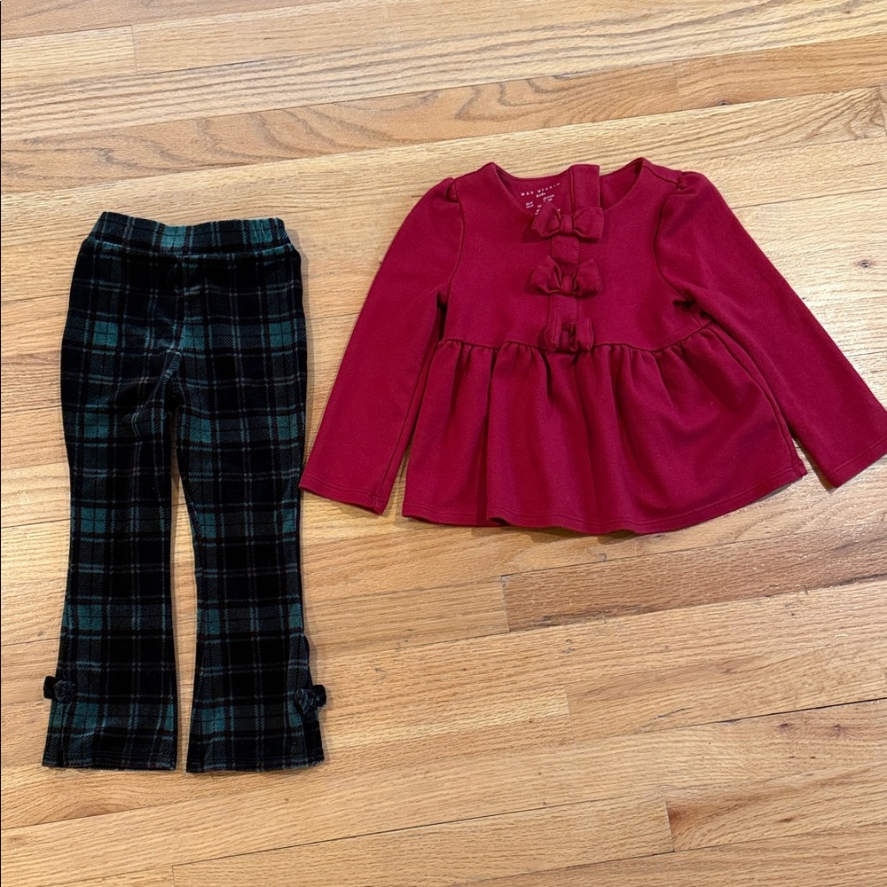MAX STUDIO Kids Red Peplum Top with Front Knot and plaid velour pants 3-4 years